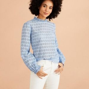 Light Blue Eyelet Ruffle Neck Long Sleeve Top